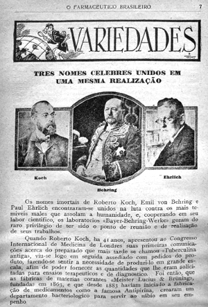 Homenagem a Robert Koch, Emil von Behring e Paul Ehrlich em O Farmacêutico Brasileiro, 1931