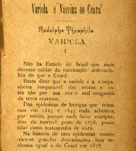 Página do livro "Varíola e vacinação no Ceará : nos annos de 1905 a 1909, de Rodolpho Theóphilo, Fortaleza: Typ. Minerva, 1910. Fonte: acervo de Obras Raras da Fiocruz