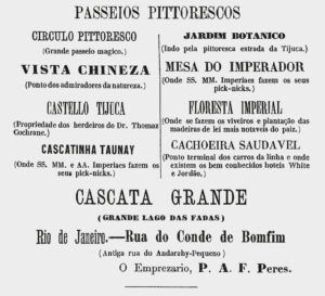 Anúncio destacando as oito atrações que poderiam ser visitadas no maciço da Tijuca (Almanak Administrativo, Mercantil e Industrial do Rio de Janeiro, 1873, p.456)