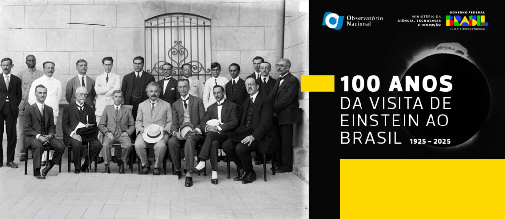 Convite para comemoração dos 100 anos da visita de Einstein no Brasil, com foto de cientistas e políticos com ele ao centro