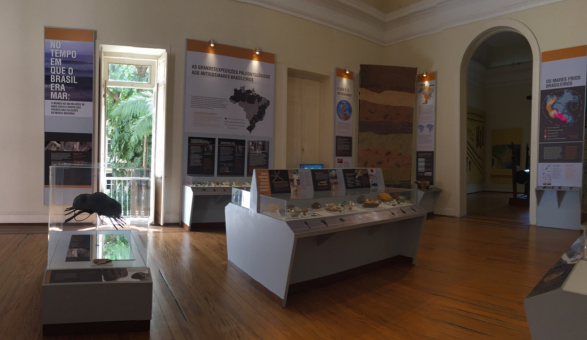 Fotografia da Exposição “No tempo em que o Brasil era mar” (2017- 2018), com fósseis da Coleção de Paleoinvertebrados