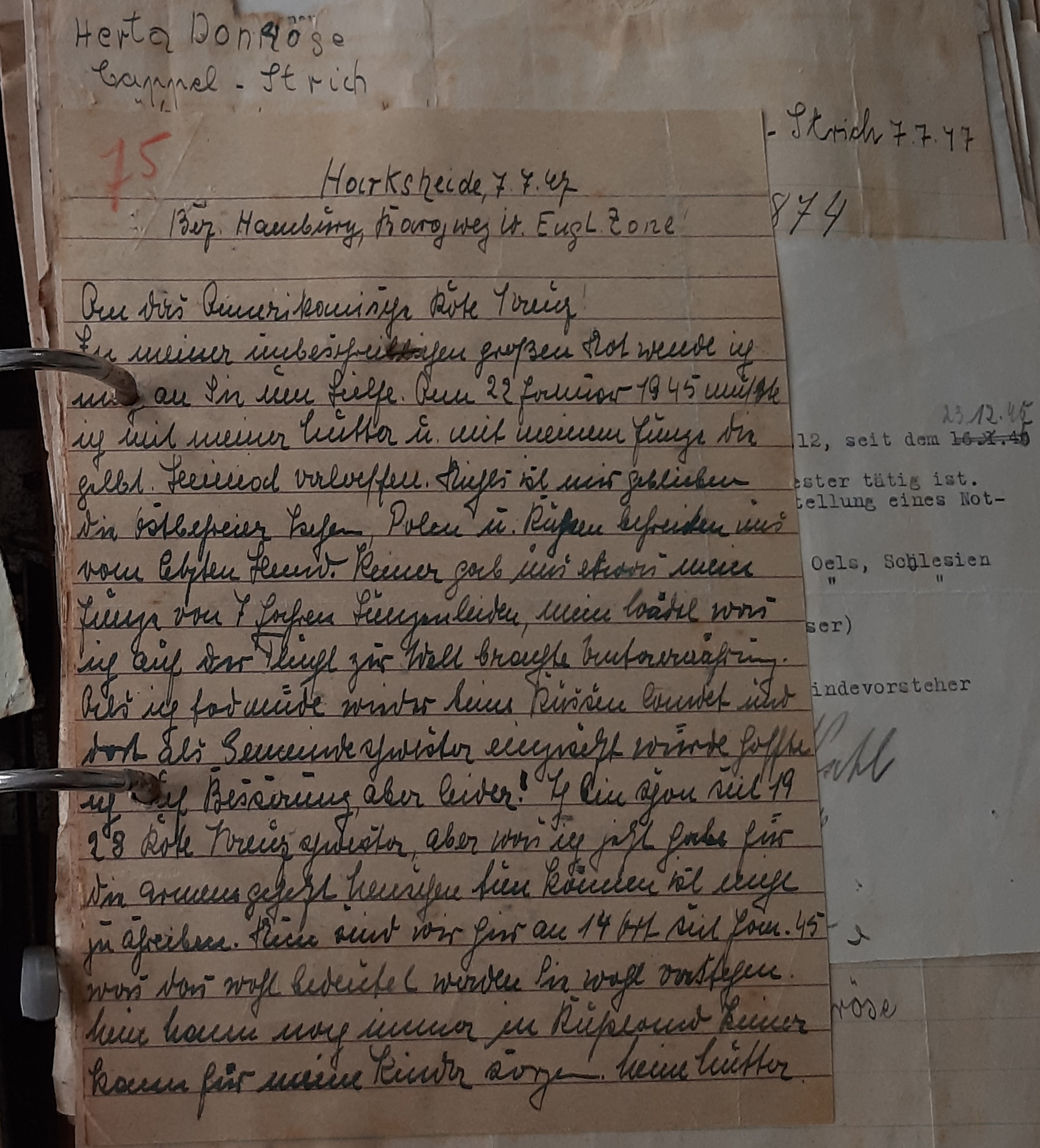 Carta recebida pela Cruz Vermelha de Porto Alegre em 1947