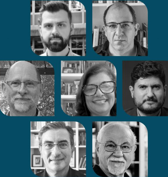 Da esquerda para a direita, os expositores do evento são: André Nahoum, Michel Gherman, Flávio Limoncic, Muna Omran, Guilherme Casarões, Jawdat Abu El-Haj e Bernardo Sorj.