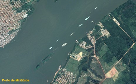 Vista aérea do Porto de Miritituba, no Pará, onde termina o projeto da Ferrogrão. Fonte: https://ppi.gov.br/projetos/ferrovia-ef-170-mt-pa-ferrograo/