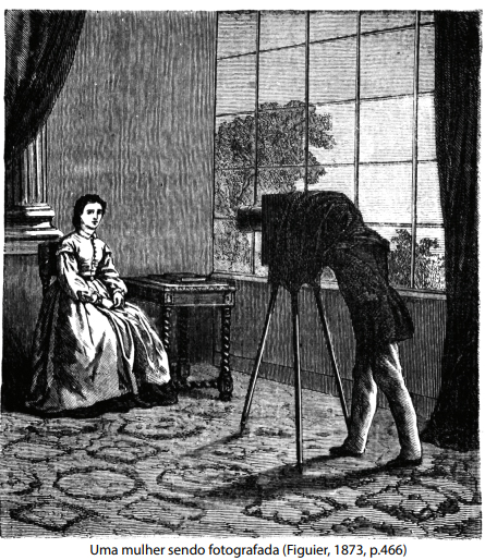 Imagem de mulher sendo fotografada. Reprodução do livro As Grandes Invenções, de Louis Figuier (1873)