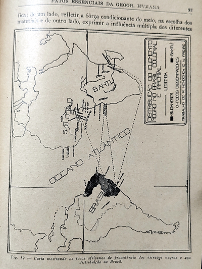 Mapa "Distribuição do elemento negro no Brasil colonial e imperial", no livro "Geografia humana: estudo da paisagem cultural do mundo", de Josué de Castro, 1939, página 93. Foto de Breno Viotto Pedrosa.